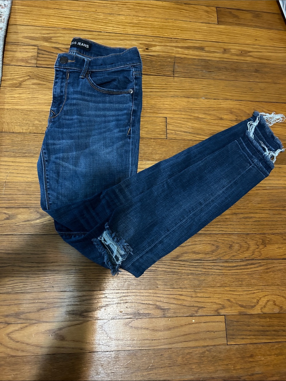 Express Women's Dark Indigo Skinny Jeans with Frayed Ankles